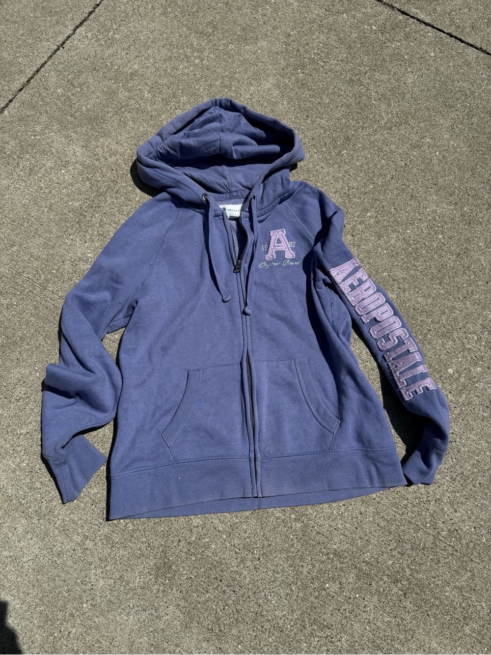 Aeropostale Blue zip Hoodie with light Purple Sleeve Logo
